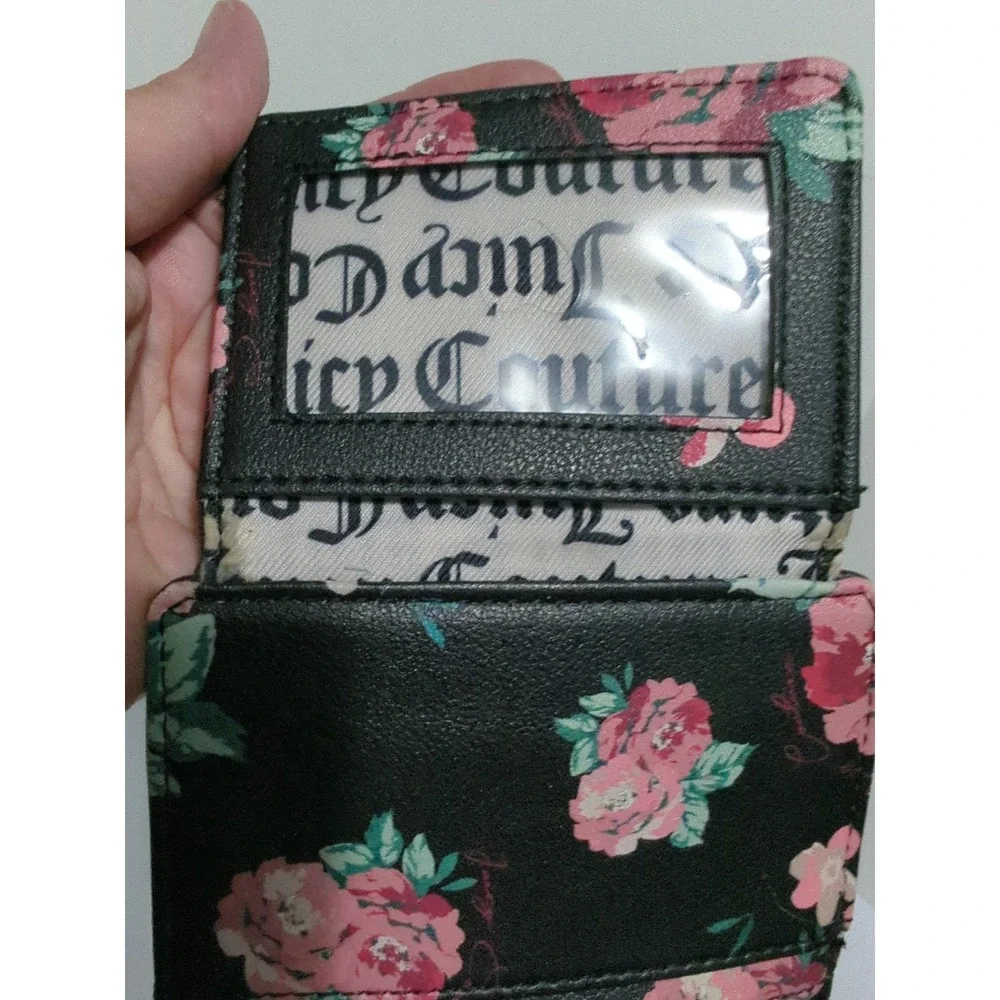 JUICY COUTURE Black Pink Flower Zipper Snap Wallet Card Case Small